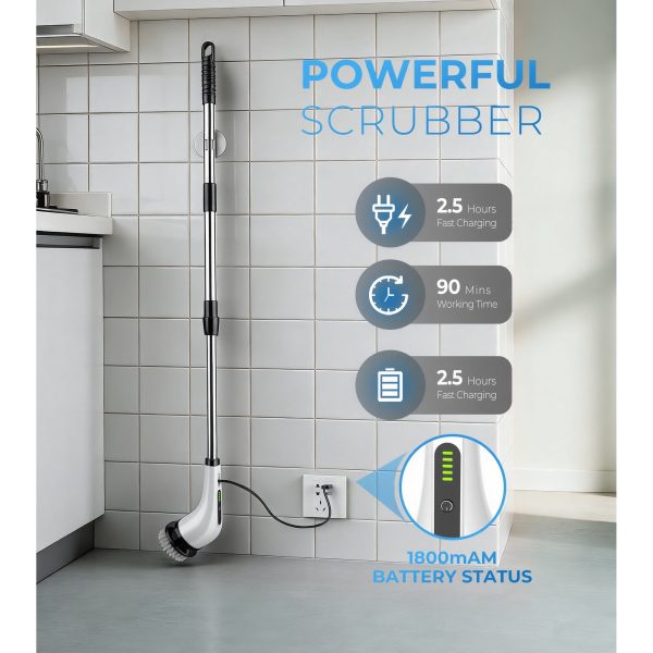 BIMZUC Electric Spin Scrubber, Cordless Cleaning Brush, 7 Replaceable Heads, Extendable Handle, White