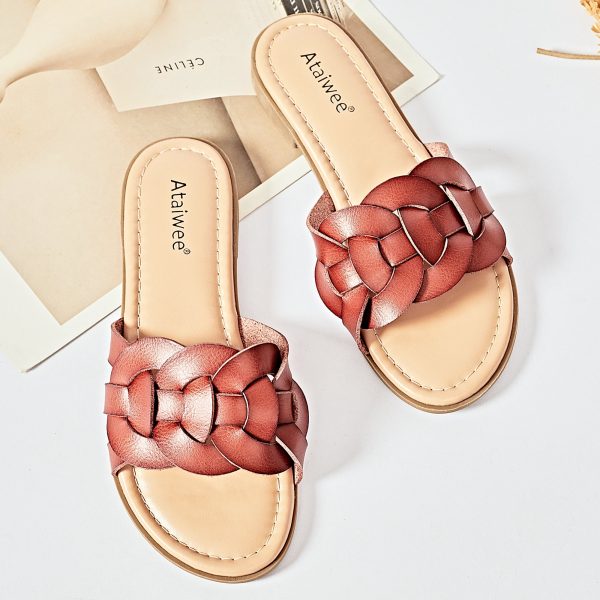 Ataiwee Women's Flat Slide Sandals - Casual Ladies Round Slip-On Cross Strap