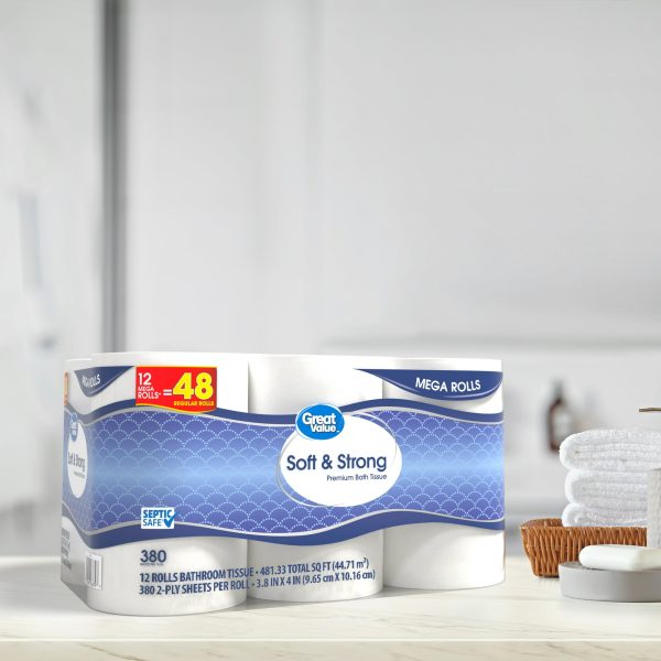 Great Value Soft & Strong Premium Toilet Paper, 12 Mega Rolls, 380 Sheets per Roll