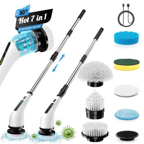 BIMZUC Electric Spin Scrubber, Cordless Cleaning Brush, 7 Replaceable Heads, Extendable Handle, White