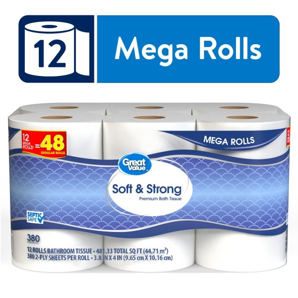 Great Value Soft & Strong Premium Toilet Paper, 12 Mega Rolls, 380 Sheets per Roll